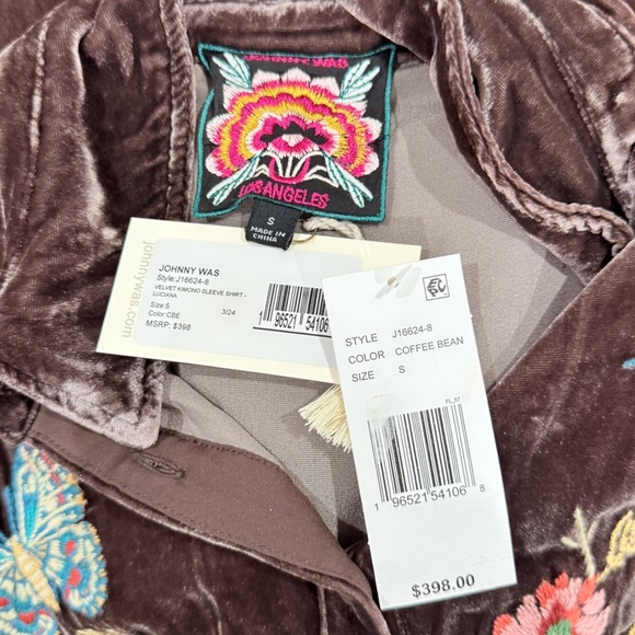 Johnny Was Small Floral Embroidered Velvet Kimono Sleeve Blouse Coffee Bean NWT - Picture 14 of 15